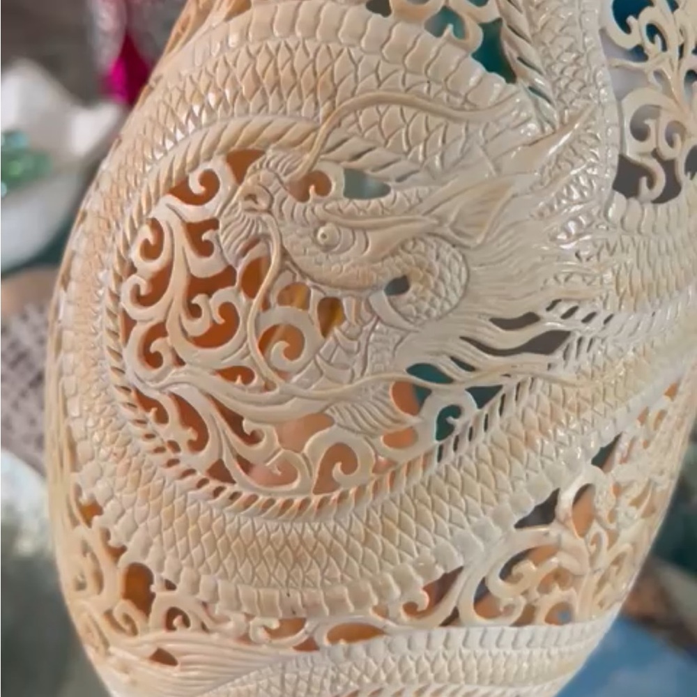 Extra large Intricate Carved Dragon natural seashell embellished with silver 925